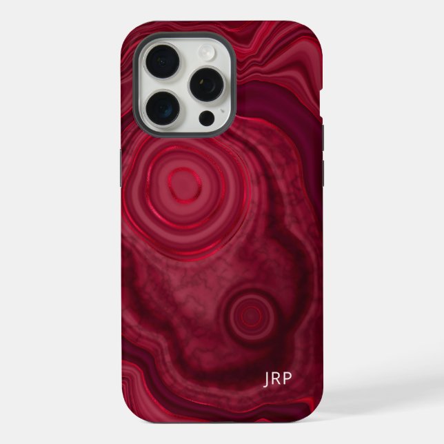 Modern Red Agate Marble Pattern with Monogram iPhone Case (Back)