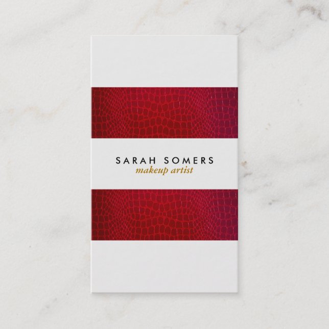 Modern Red Alligator Skin Makeup Artist Striped Business Card (Front)