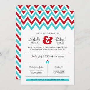 Modern Red and Aqua Chevron & Lovebirds Wedding Invitation