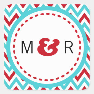 Modern Red and Aqua Chevron & Lovebirds Wedding Square Sticker