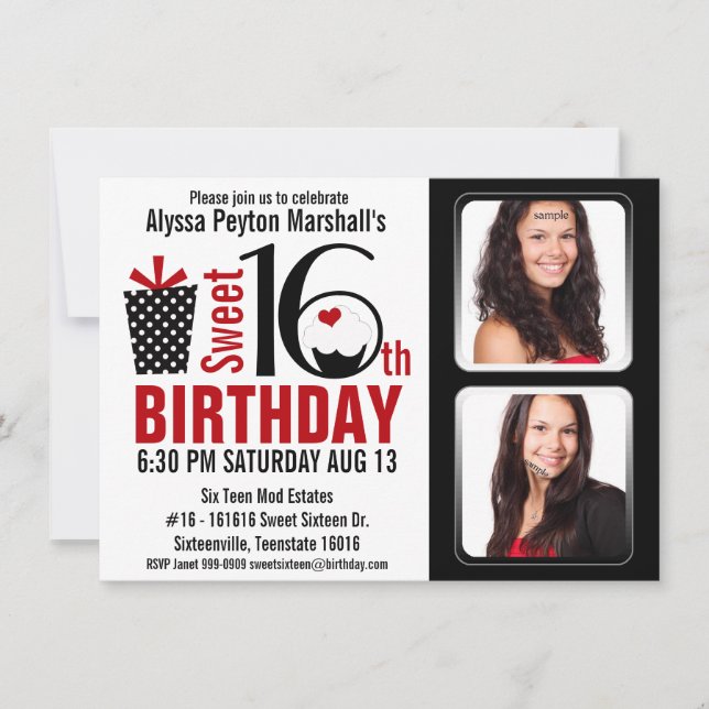 Modern Red and Black 2 Photos Sweet 16 Party Invitation (Front)