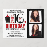 Modern Red and Black 2 Photos Sweet 16 Party