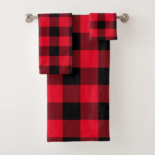 Modern Red and Black Chevron Buffalo Plaid Bath Towel Set (Insitu)