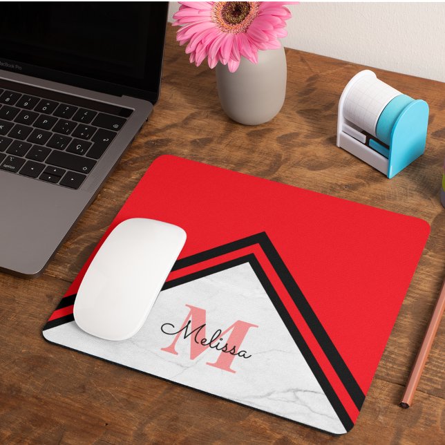 Modern Red and Black Chevron Name Monogram Mouse Pad (Creator Uploaded)