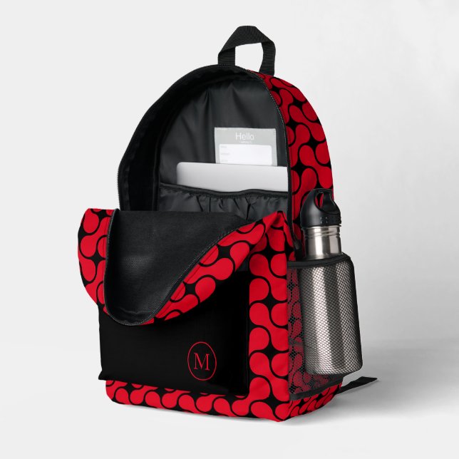 Modern Red and Black Geometric Monogram  Printed Backpack (Back Corner Right (Open))