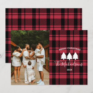 Modern Red and Black Plaid Photo Holiday Card