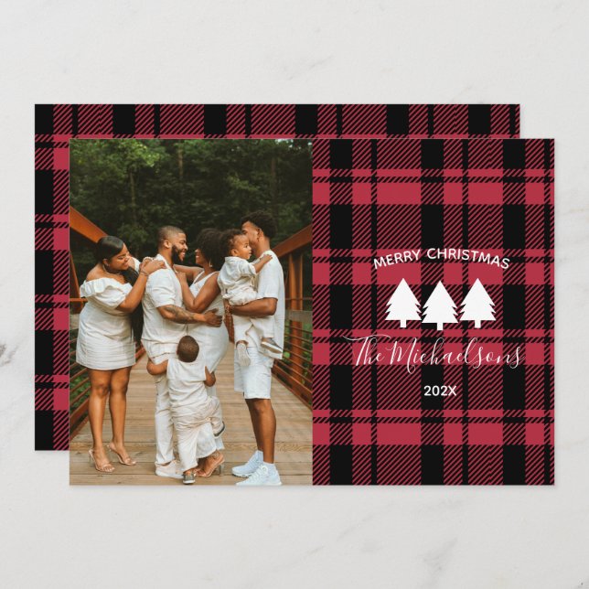 Modern Red and Black Plaid Photo Holiday Card (Front/Back)