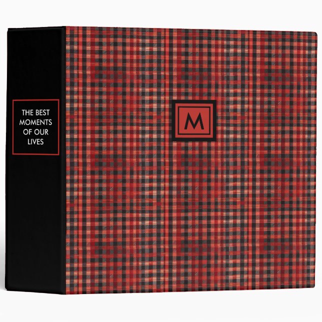 Modern Red And Black Plaid Tartan Pattern Monogram Binder (Front/Spine)