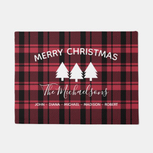 Modern Red and Black Plaid with Monogram Name Doormat
