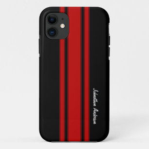 Modern Red And Black Racing Stripes With Name iPhone 11 Case