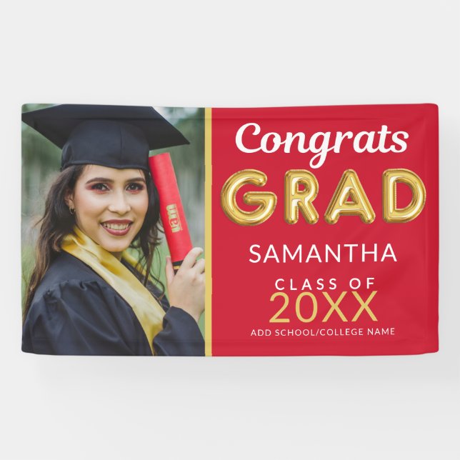 Modern Red And Gold 1 Photo Congrats Grad  Banner (Horizontal)
