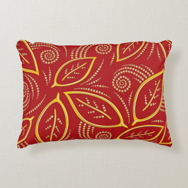 Modern Red and Gold Illustrated Leaves Pattern Accent Pillow (Front)