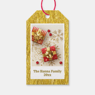Modern Red and Gold Presents Christmas Snowflakes Gift Tags
