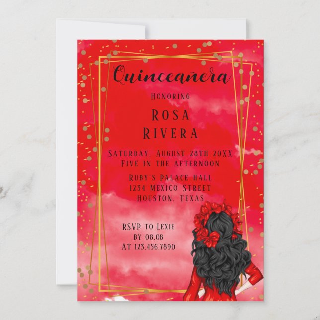Modern Red and Gold Quinceanera Birthday  Invitation (Front)