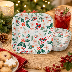 Modern Red and Green Christmas Tree Party Paper Plate