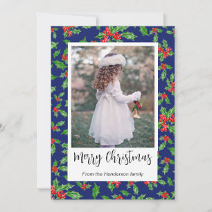 Modern Red And Green Holly Merry Christmas Photo Holiday Card