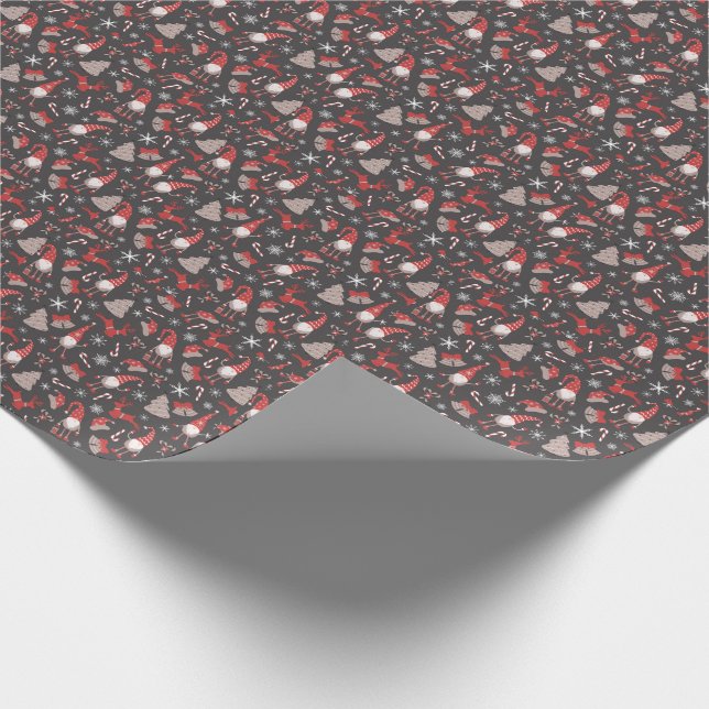 Modern Red and Grey Holiday Gnome Pattern Wrapping Wrapping Paper (Corner)