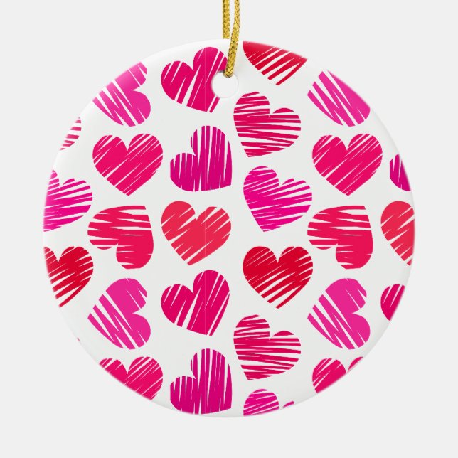Modern Red and Pink Doodled Hearts Valentine Ceramic Ornament (Front)