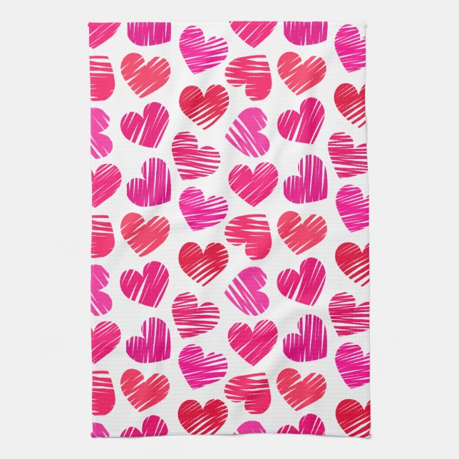 Modern Red and Pink Doodled Hearts Valentine Kitchen Towel (Vertical)