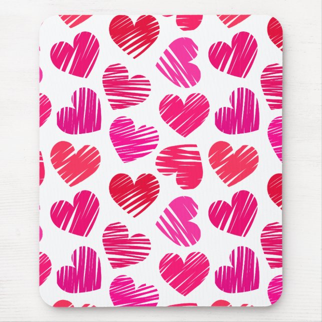 Modern Red and Pink Doodled Hearts Valentine Mouse Pad (Front)