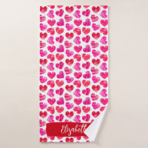 Modern Red and Pink Doodled Hearts Valentine Name  Bath Towel