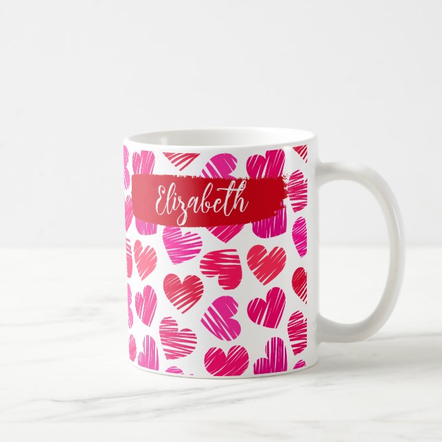 Modern Red and Pink Doodled Hearts Valentine Name  Coffee Mug (Right)