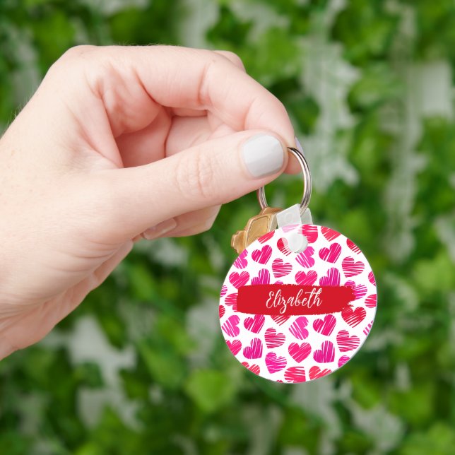 Modern Red and Pink Doodled Hearts Valentine Name  Keychain (Hand)