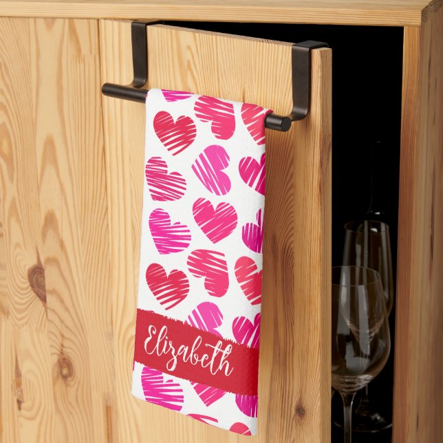 Modern Red and Pink Doodled Hearts Valentine Name  Kitchen Towel (Thirds Fold)