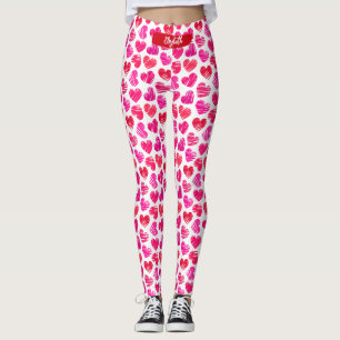 Modern Red and Pink Doodled Hearts Valentine Name  Leggings