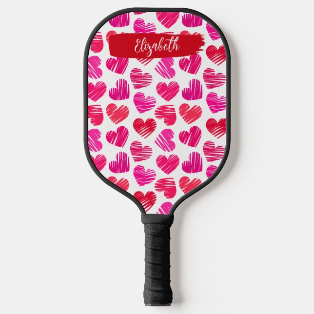 Modern Red and Pink Doodled Hearts Valentine Name  Pickleball Paddle (Front)