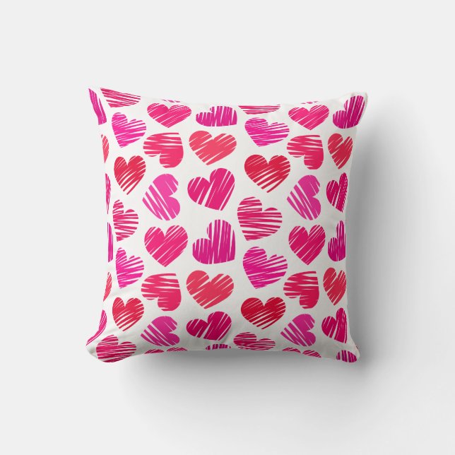 Modern Red and Pink Doodled Hearts Valentine Throw Pillow (Front)