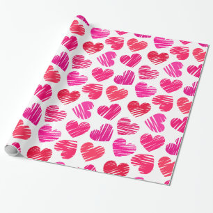 Modern Red and Pink Doodled Hearts Valentine Wrapping Paper