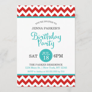 Modern Red and Turquoise Chevron Birthday Party Invitation