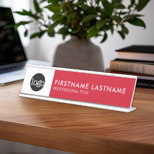 Modern Red and White - Add Logo, Name, Title Desk Name Plate