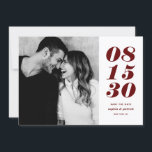 Modern Red and White Bold Date Typography Photo Save The Date<br><div class="desc">Modern Red and White Bold Date Typography Photo Save the Date | A customizable save the date flat card featuring bold typography and stripes pattern. This stylish photo save the date card is perfect for any wedding theme and any season. Personalize by adding your photo and wedding details. You can...</div>