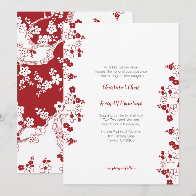 Modern Red and White Cherry Blossom Wedding Invitation (Front/Back)