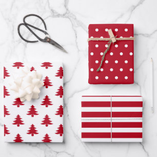 Modern Red and White Christmas Trees Mixed Wrapping Paper Sheet