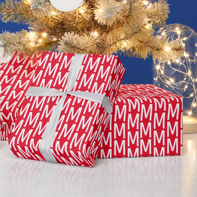 Modern red and white custom initial letter pattern wrapping paper (Holidays)