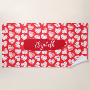 Modern Red and White Doodled Heart Valentine Name Beach Towel