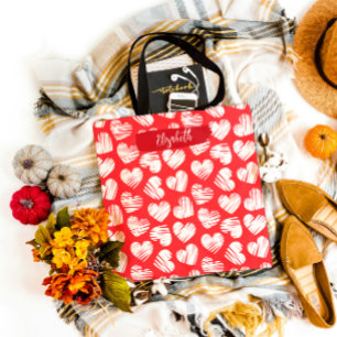 Modern Red and White Doodled Heart Valentine Name Tote Bag