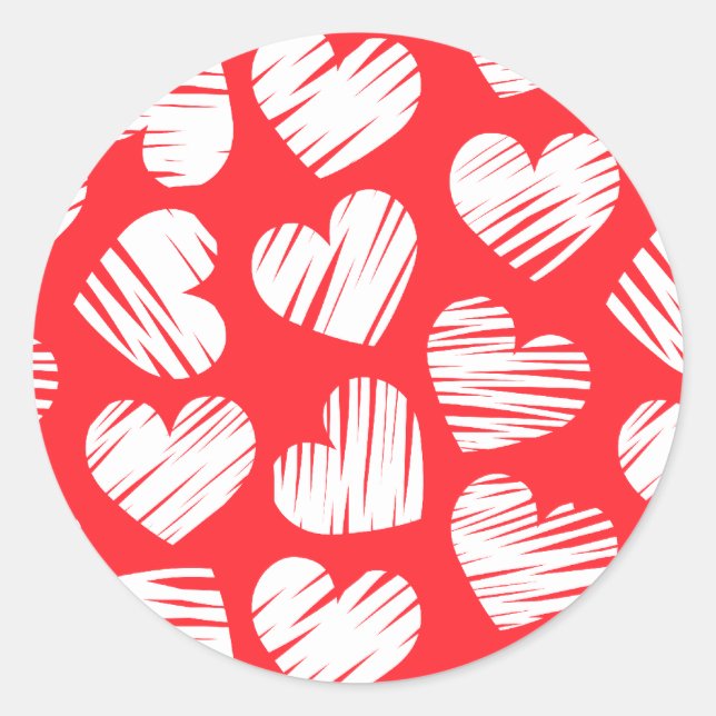 Modern Red and White Doodled Heart Valentine's Day Classic Round Sticker (Front)