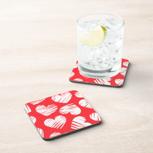 Modern Red and White Doodled Heart Valentine's Day Coaster