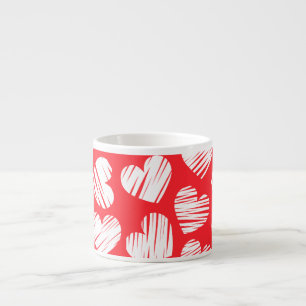 Modern Red and White Doodled Heart Valentine's Day Espresso Cup