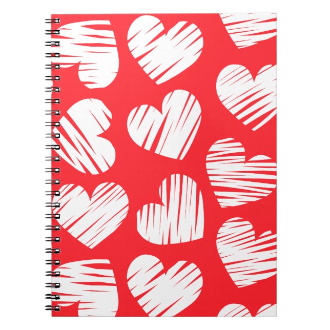 Modern Red and White Doodled Heart Valentine's Day Notebook (Front)