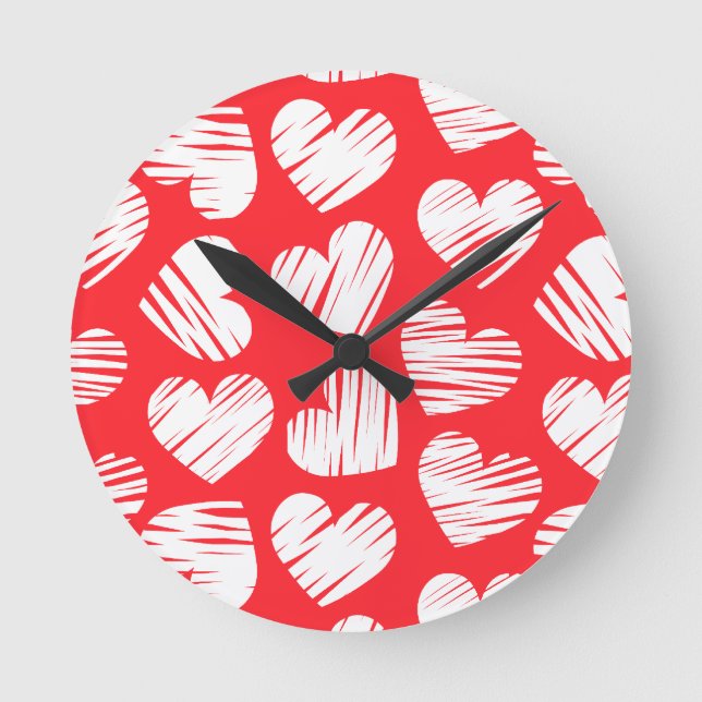 Modern Red and White Doodled Heart Valentine's Day Round Clock (Front)