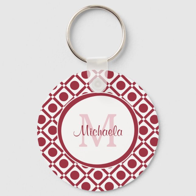 Modern Red and White Geometric Monogram and Name Keychain (Front)