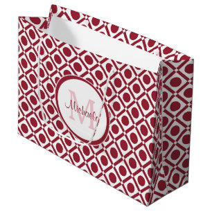 Modern Red and White Geometric Monogram and Name Large Gift Bag