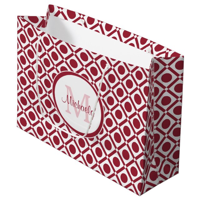 Modern Red and White Geometric Monogram and Name Large Gift Bag (Front Angled)