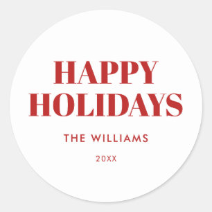 Modern Red and White Happy Holidays Classic Round Sticker