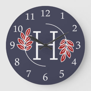 Modern Red and White Laurel Monogram Large Clock